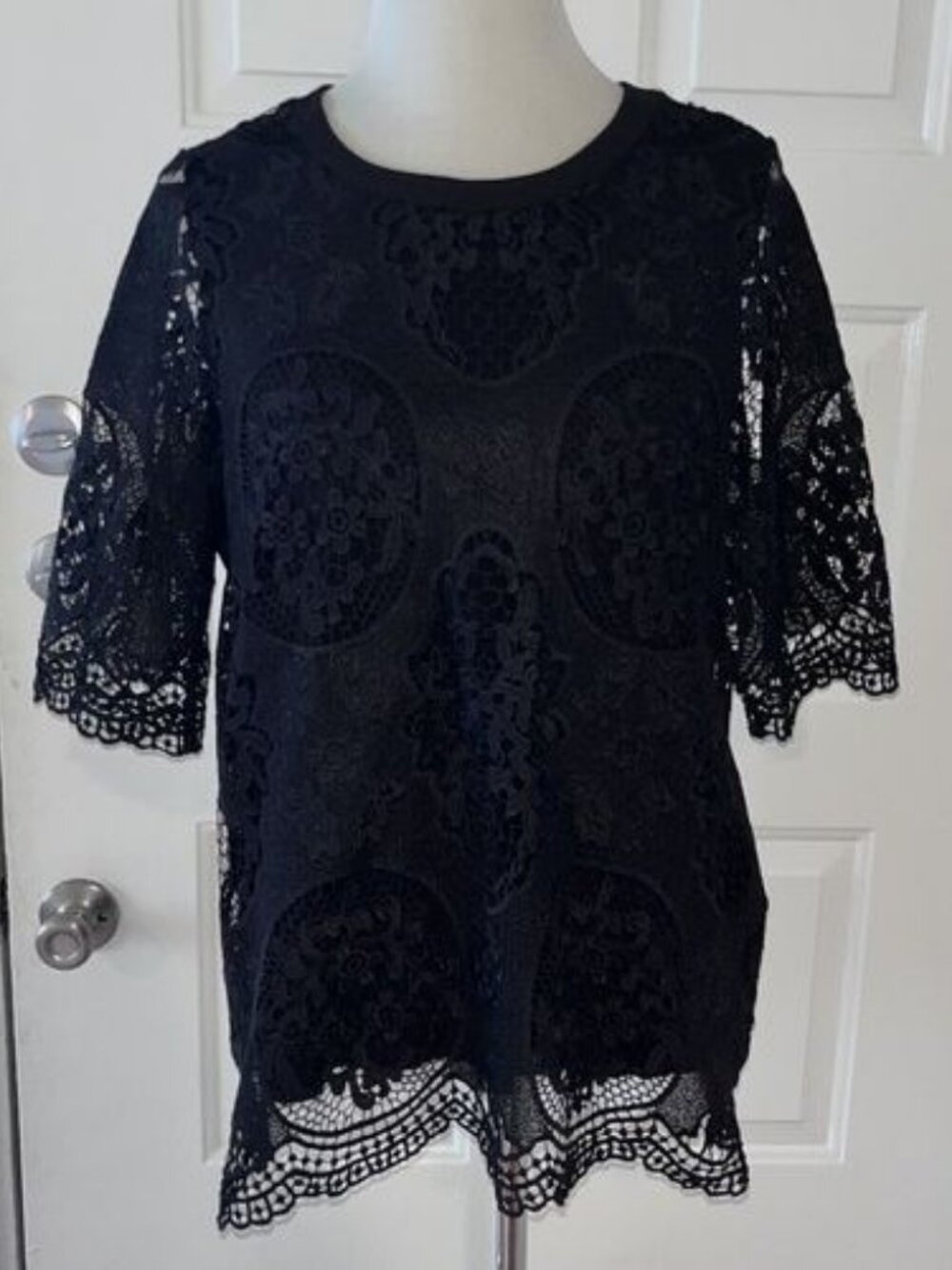 Black Lace Short Sleeve‎ Blouse Top